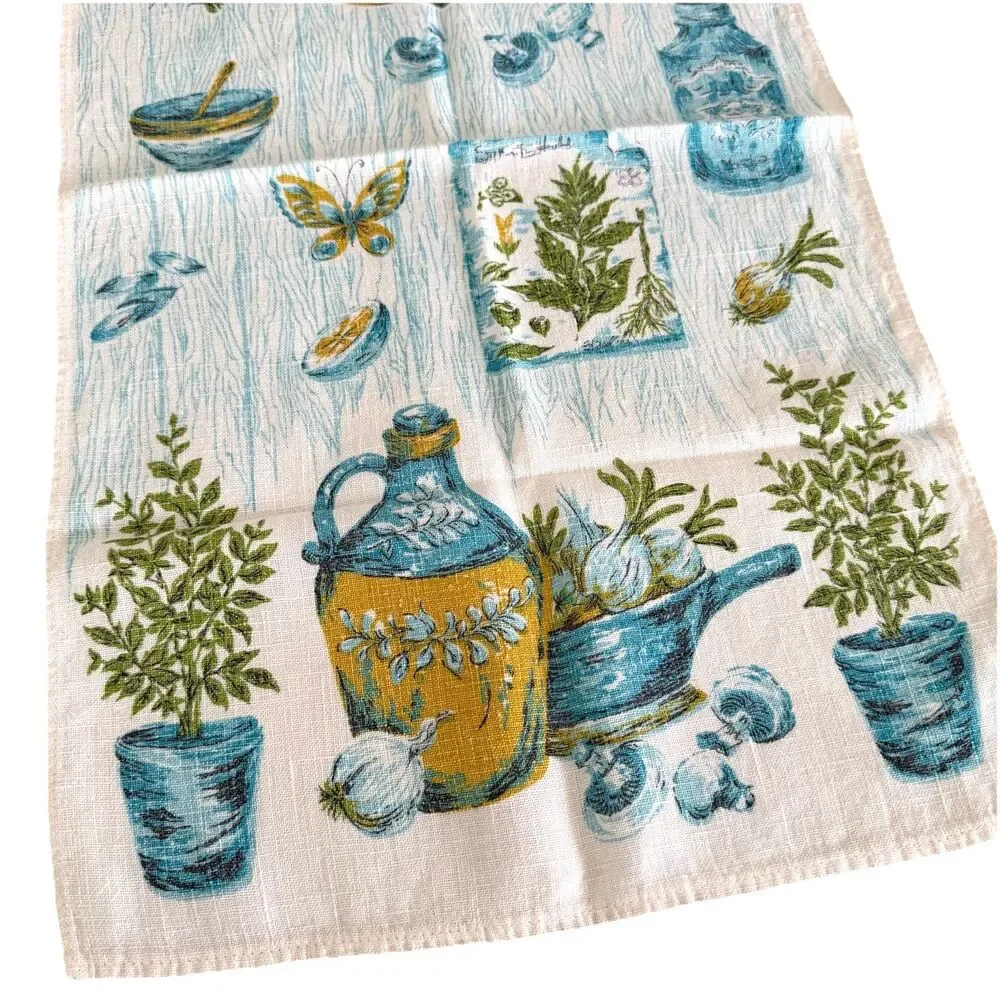 Vintage Rooster Mushrooms Canisters Linen Tea Towel Turquoise Harvest Gold Green